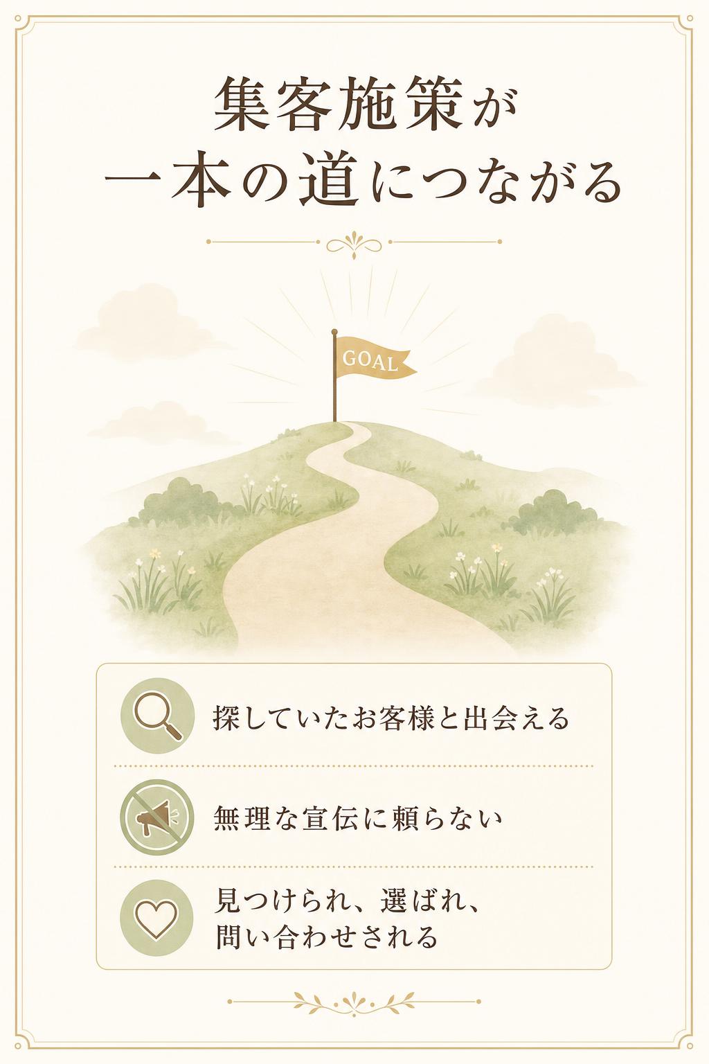 これにより、今まで断片的だった集客施策が一本の道となってつながり、「あなたのお店・会社を探していたお客様」と出会えるホームページが完成します。
結果として、無理な宣伝に頼らず、あなたらしい形でビジネスが前に進み始めるのです。
検索・導線・伝達の仕組み設計にこだわって作るからこそ、必ず”見つけられ・選ばれ・問い合わせされる”ホームページが実現します。