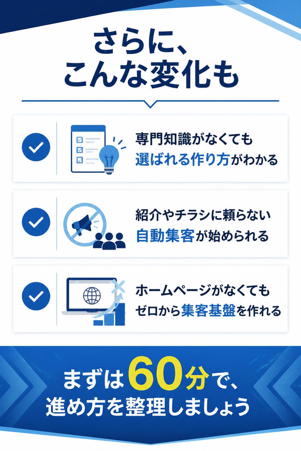個別無料相談会で得られる効果
• 専門知識がなくても「選ばれる」ホームページの作り方が理解できるようになる
• 紹介やチラシに頼らない自動集客の仕組みがスタートできるようになる
• ホームページを持っていなかった方も、ゼロから集客基盤を作り始めるきっかけになる
