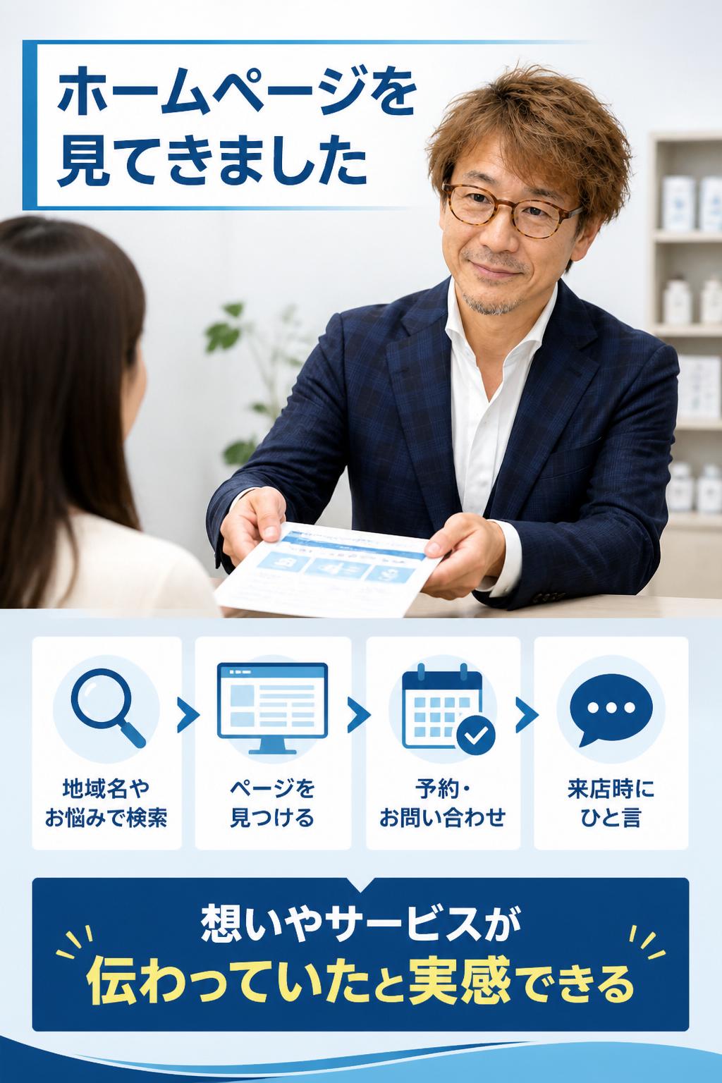例えば…
地域名やお悩みキーワードで検索したお客様が、あなたのお店・会社のページを見つけて予約・お問い合わせをしてくれる。そして実際の対応時、こう言われるのです。「ホームページを見てきました」と。
その瞬間、自分の想いやサービスが確かに伝わっていたことに、安心と誇りを感じられるようになります。