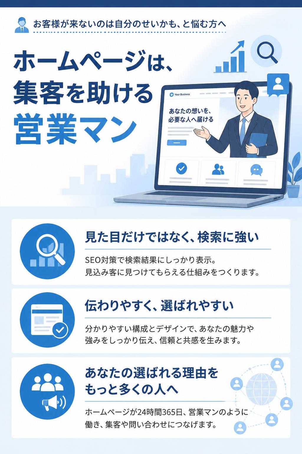 ただ見た目がキレイなだけではない、検索に強く、伝わりやすく、選ばれやすいホームページとはどういうものかを、実例とともにお伝えします。
「お客様が来ないのは、自分のせいじゃないか…」と悩んでいる方にこそ、知っていただきたいことがあります。
ホームページは、集客を助けてくれる”営業マン”です。あなたのビジネスが選ばれる理由を、もっと多くの人に届けるお手伝いをさせてください。