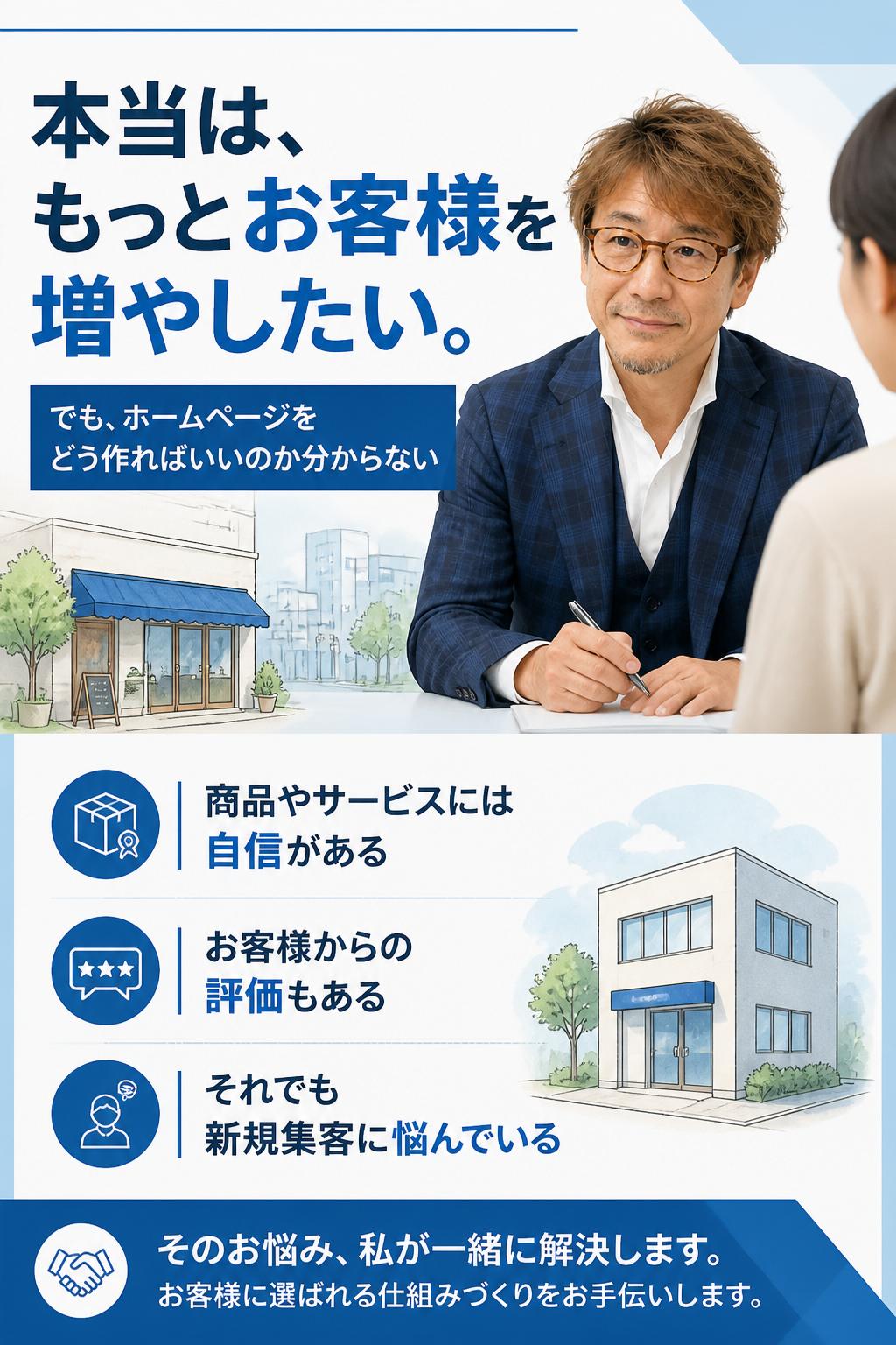 本当はもっとお客様を増やしたい！でも、ホームページをどう作ればいいのか分からない…
あなたは、地域で真面目にコツコツとビジネスを続けてきた方かもしれません。商品やサービスには自信がある。お客様にも、「また利用したい」と言ってもらえることも多い。