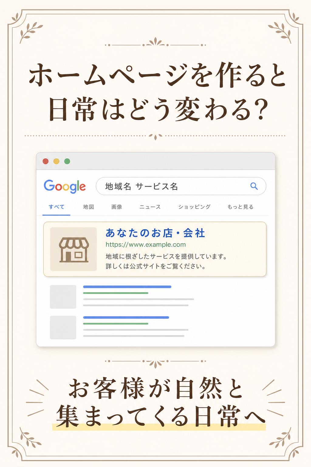 では実際に、ホームページを制作すると、どんなふうに日常が変わっていくのか――具体的に見ていきましょう。
検索結果に自分のお店・会社の名前が表示され、“お客様が自然と集まってくる”日常に変わっていきます。