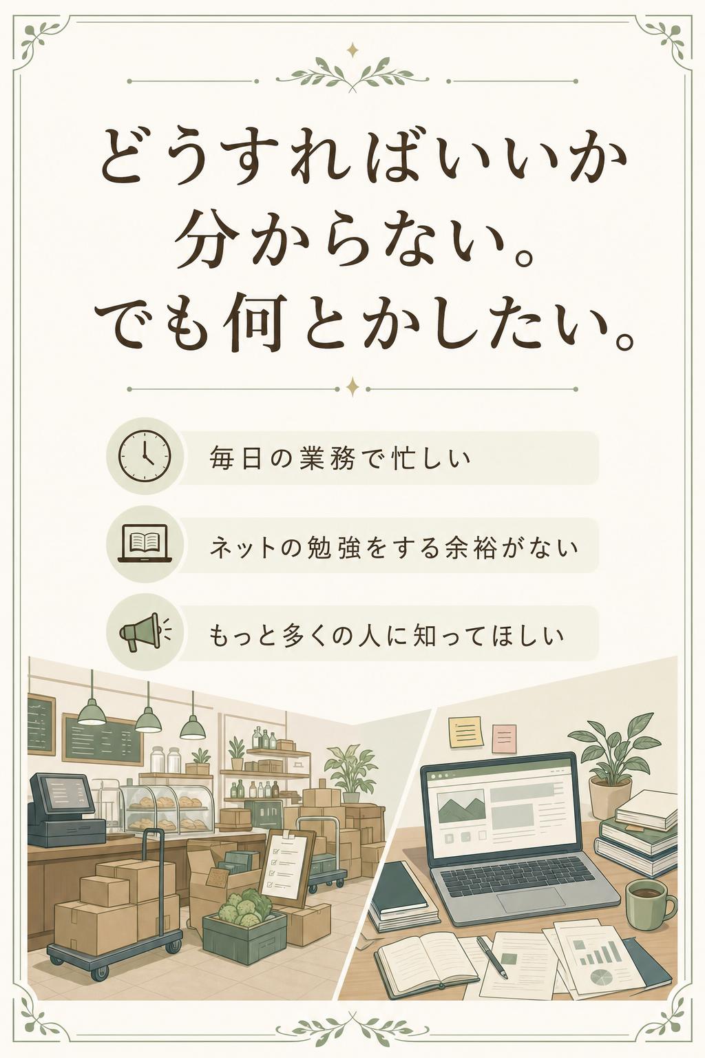 本当は、もっと多くの人に知ってほしい。でも、何から手をつければいいのか分からない。しかも、毎日の業務で忙しく、ネットの勉強をする余裕もない。
そんな、「どうすればいいのか分からないけど、何とかしたい」と感じている状態に、あなたは今、いるのではないでしょうか。