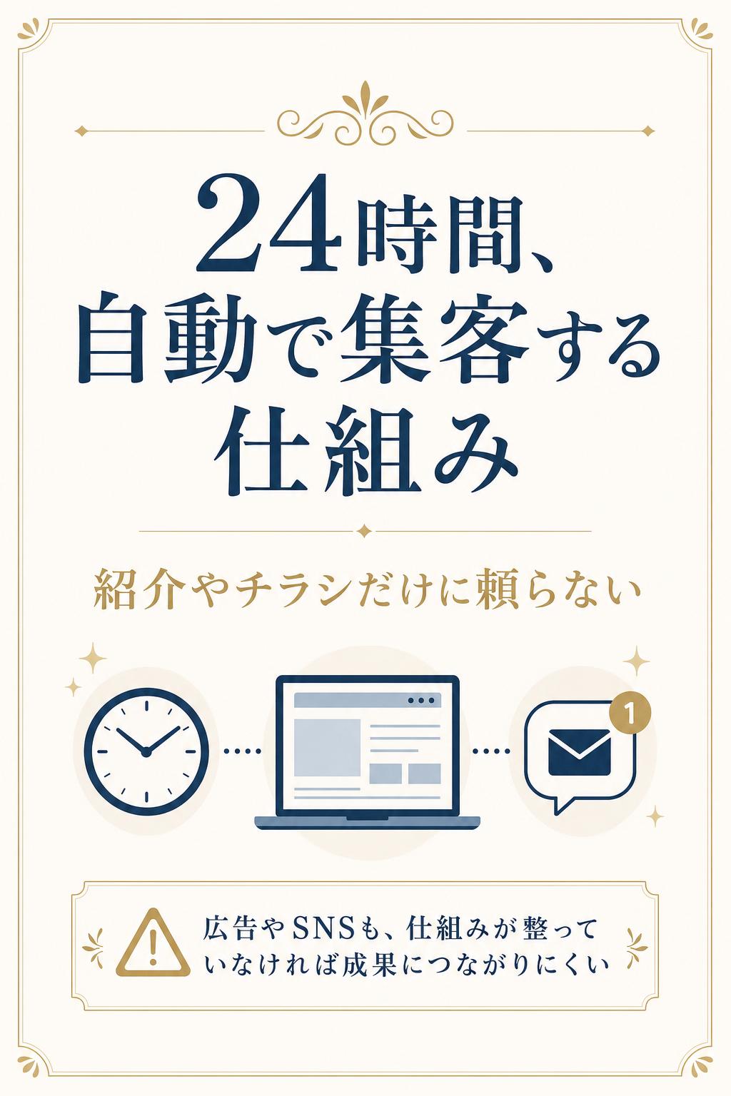 紹介やチラシに頼らなくても、ホームページが24時間、自動で集客してくれる。そんな安定した状態が手に入ります。
これまで、広告を出したりSNSを更新したりと、さまざまな集客手段を試してこられたかもしれません。ですが、それらが「検索される・伝わる・選ばれる」仕組みとして整っていなければ、なかなか成果にはつながりません。