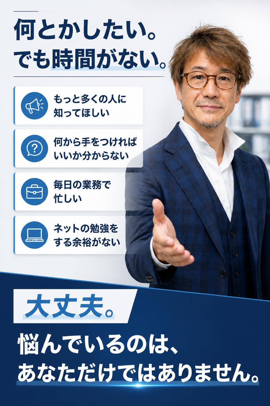 本当は、もっと多くの人に知ってほしい。でも、何から手をつければいいのか分からない。しかも、毎日の業務で忙しく、ネットの勉強をする余裕もない。
そんな、「どうすればいいのか分からないけど、何とかしたい」と感じている状態に、あなたは今、いるのではないでしょうか。
でも安心してください。集客に悩んでいるのは、あなただけではありません。