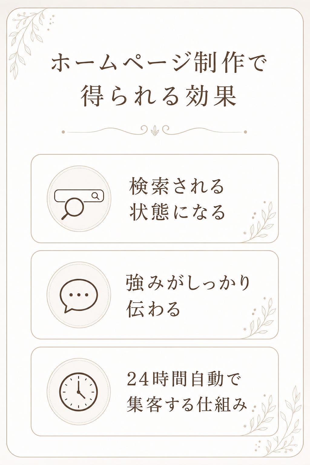 ホームページ制作で得られる効果
自社のお店・会社が「検索される」状態になる
お客様に伝わる言葉やデザインで、強みがしっかり伝わる
紹介やチラシに頼らず、24時間自動で集客してくれる仕組みが手に入る