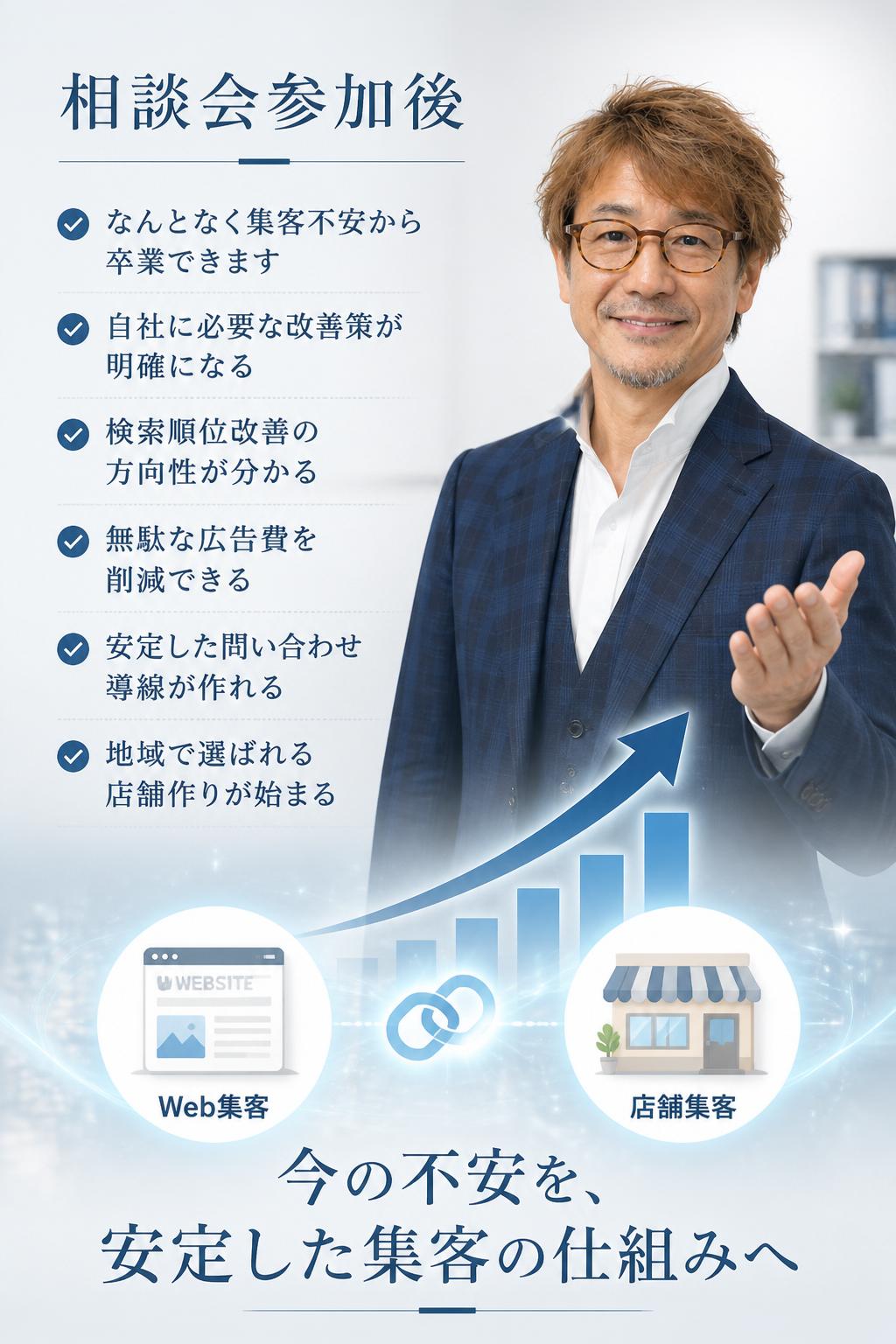 【S】未来提示セクション
相談会参加後、
“なんとなく集客不安”から卒業できます。
* 自社に必要な改善策が明確になる
* 検索順位改善の方向性が分かる
* 無駄な広告費を削減できる
* 安定した問い合わせ導線が作れる
* ホームページ活用の重要性が理解できる
* 地域で選ばれる店舗作りが始まる
今の不安を、
“安定した集客の仕組み”へ。