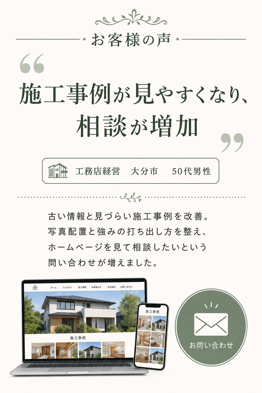 施工事例が見やすくなり、相談のお問い合わせが増えました！
工務店経営(大分市・50代男性)
これまでのホームページは情報が古く、施工事例も見づらい状態でした。事例の見せ方や写真の配置、強みの打ち出し方を整えていただき、会社としての信頼感が高まりました。公開後は「ホームページを見て相談したい」というお問い合わせが増えるようになりました。