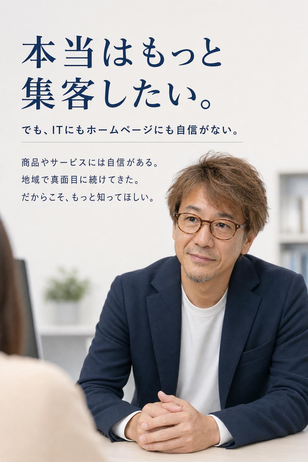 本当はもっと集客したい！でも、ITにもホームページにも自信がなくて、何から始めればいいのか分からない…
あなたは、地域で真面目にコツコツとビジネスを続けてきた方かもしれません。商品やサービスには自信がある。お客様にも、「また利用したい」と言ってもらえることも多い。