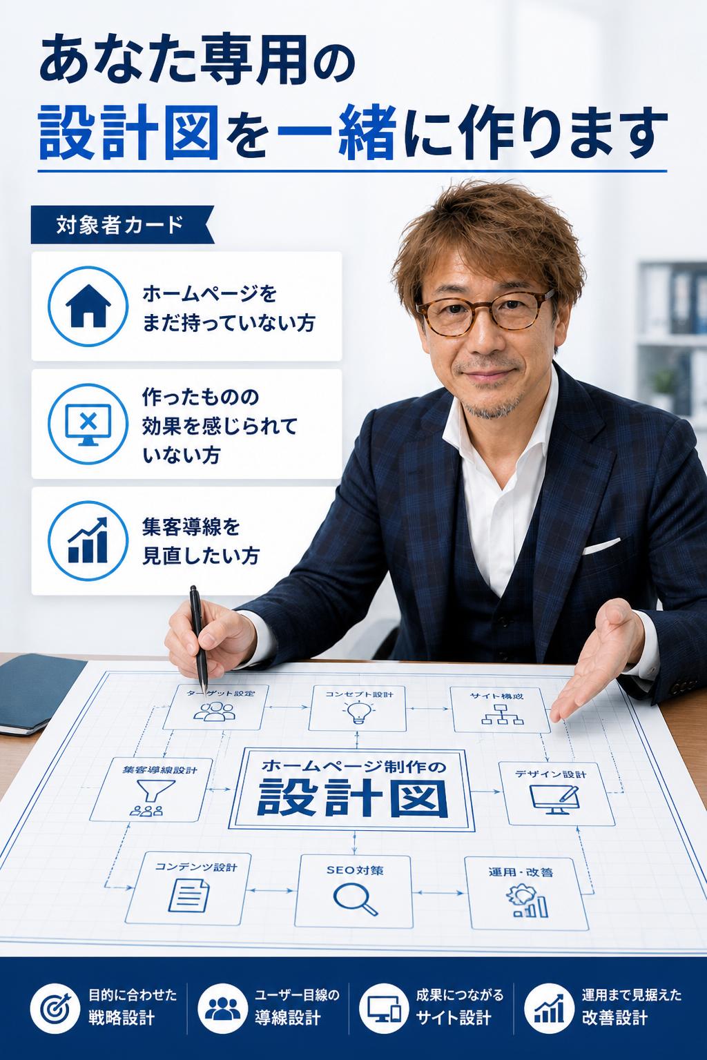 だからこそ今回、ホームページをまだお持ちでない方や、作ったものの効果を感じられていない方に向けて、「ホームページ制作 個別無料相談会」を企画しました。
個別無料相談会では、あなたのビジネスに合った「ホームページ制作の設計図」を一緒に作成します。