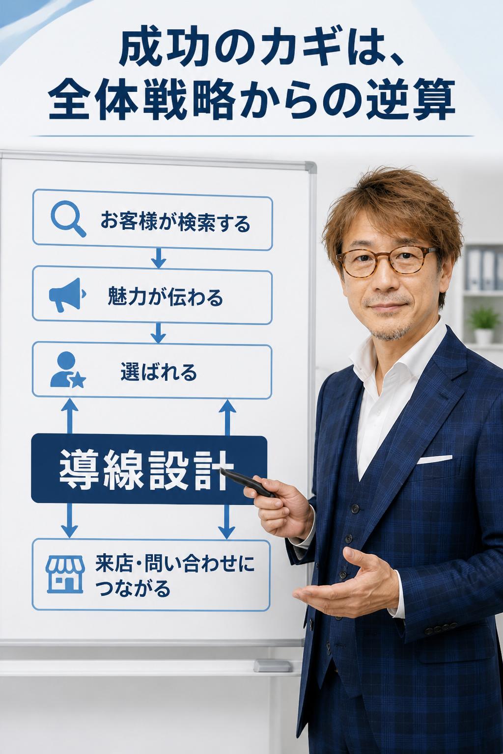 そこで、ホームページ制作を成功させるために重要なのが、全体戦略からの逆算です。
まず、理想の集客の流れを明確にし、「お客様が検索する」→「魅力が伝わる」→「選ばれて来店・問い合わせにつながる」といった導線を設計します。