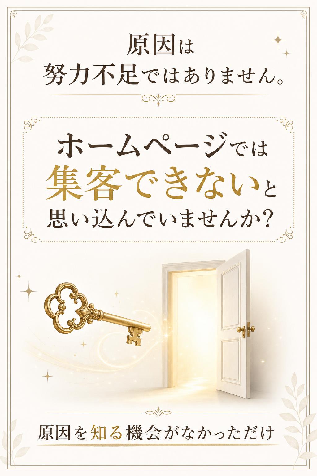 話を聞いてみると共通している原因が見えてきます。それは――
『ホームページでは集客できない』といつしか思い込んでいる』こと。
でも、それは”あなたの努力が足りない”からではありません。原因を知る機会がなかっただけです。