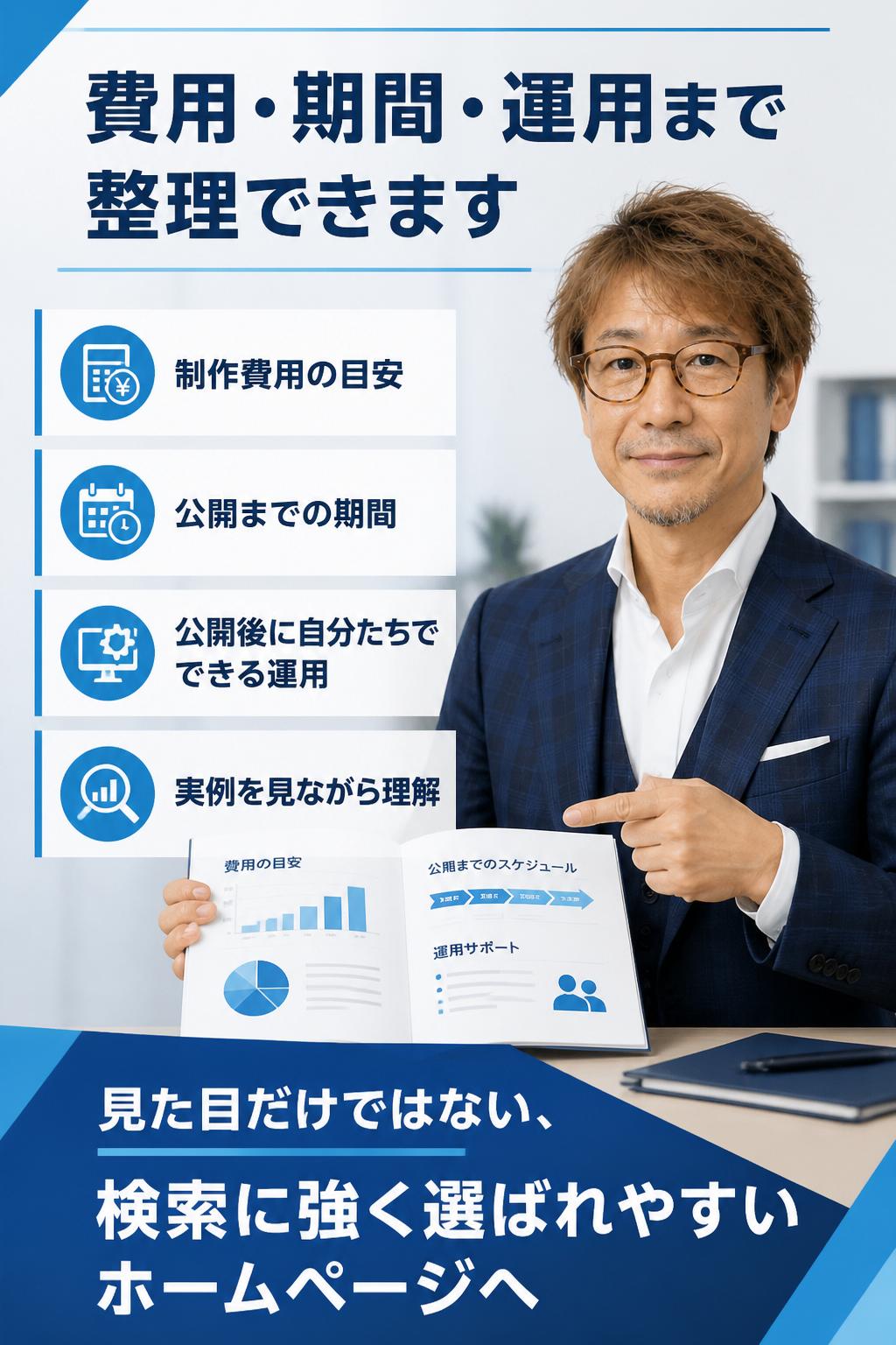 個別無料相談会では、こんなことが相談できます
• 制作にあたって、どのくらいの費用感・期間がかかるのか
• 公開後の運用は、どこまで自分たちでできるのか
ただ見た目がキレイなだけではない、検索に強く、伝わりやすく、選ばれやすいホームページとはどういうものかを、実例とともにお伝えします。
