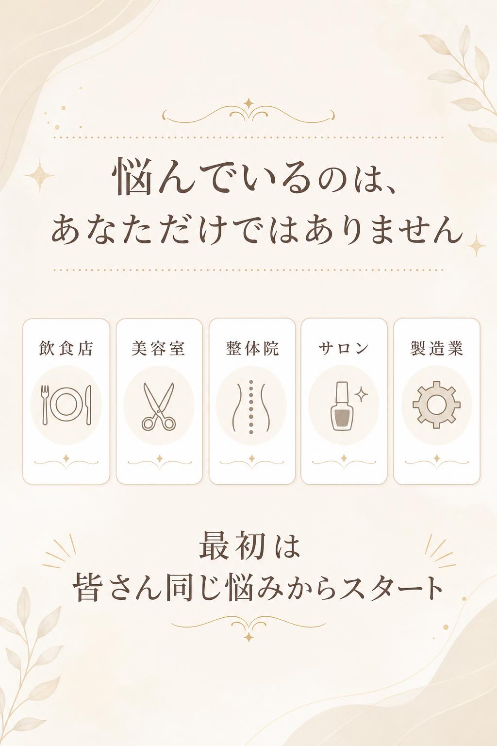でも安心してください。集客に悩んでいるのは、あなただけではありません。
なぜなら、これまでホームページを制作してきた飲食店、美容室、整体院、サロン、製造業の方々も、最初は皆さん同じように『なぜ集客できないのか分からない』と悩まれていました。
