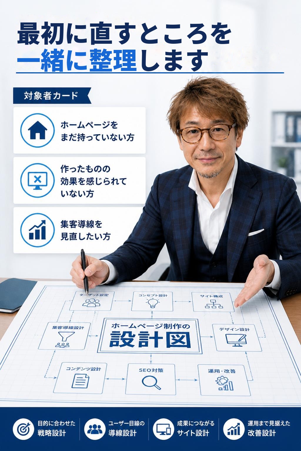 最初に直すところを一緒に整理します。対象：ホームページをまだ持っていない方・作ったものの効果を感じられていない方・集客導線を見直したい方